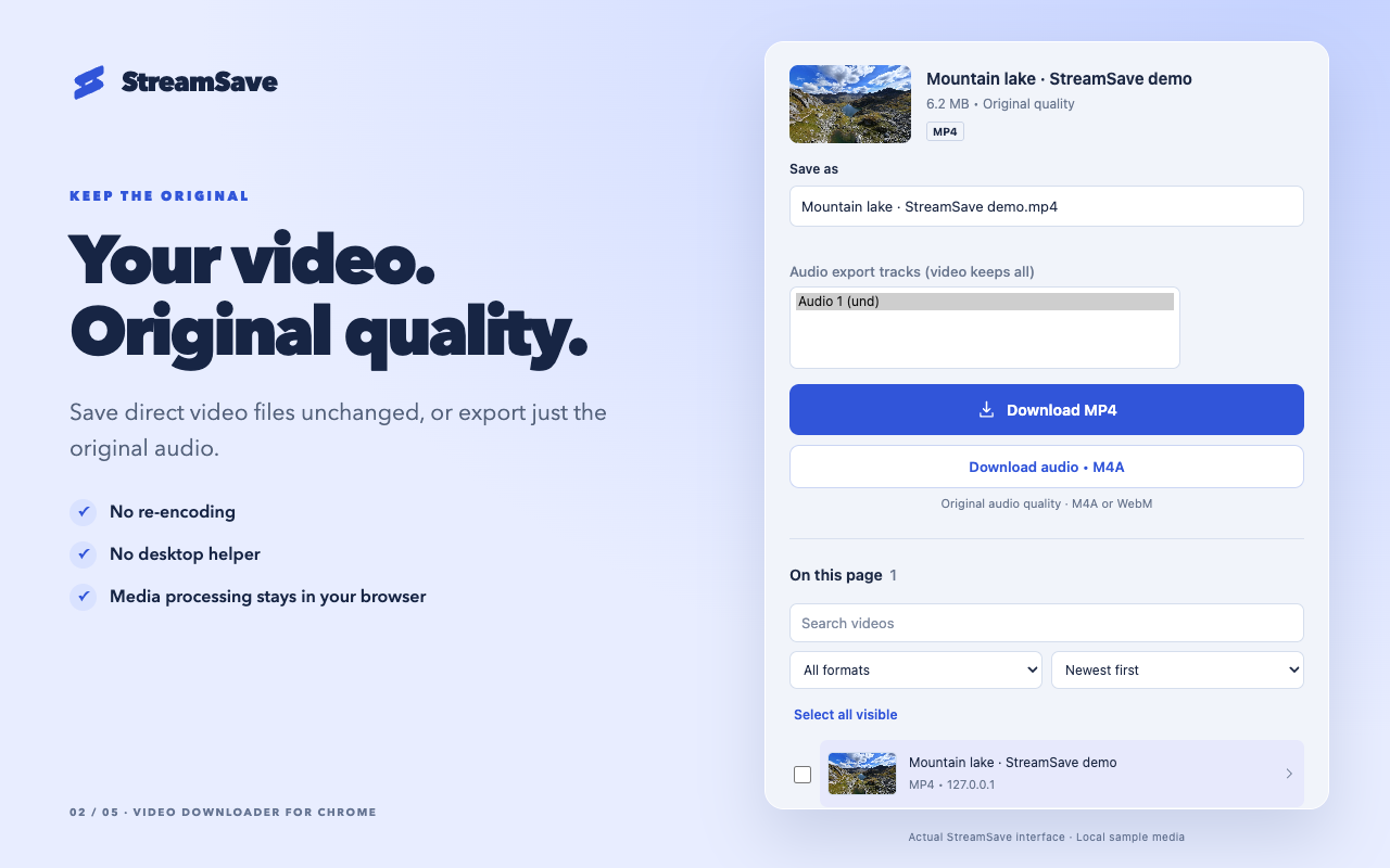 StreamSave's video and original audio download controls