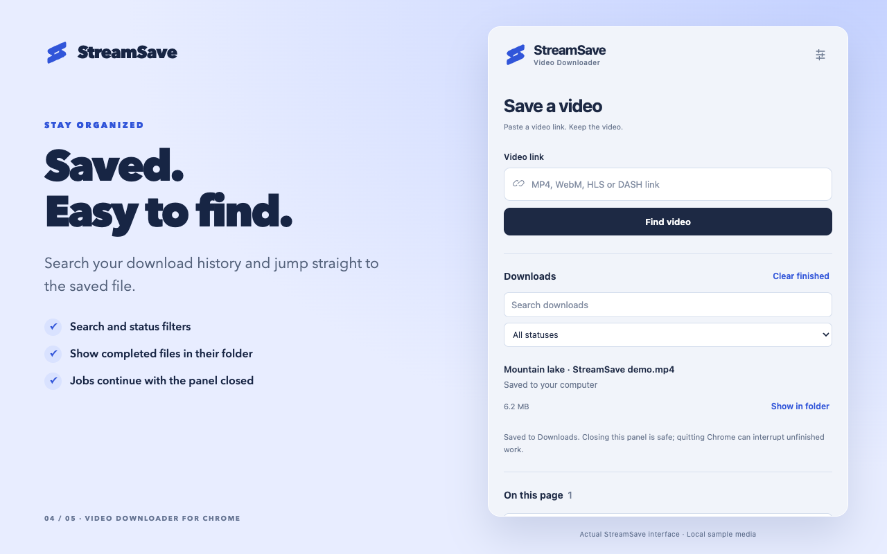 StreamSave download history with search and Show in folder