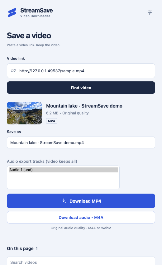 StreamSave side panel with a detected video, quality selection, and download controls
